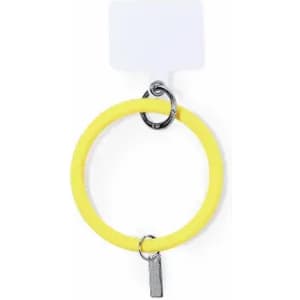 A yellow keyring with a metal loop and a small tag attached. It features a branded label at the top.
