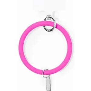 A pink silicone keyring with a metal clasp, featuring a small metal tag attached.