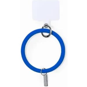 A blue silicone ring with a metal keyring attached, featuring a small tag.