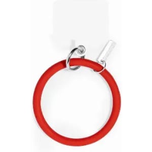 A red silicone drink bottle holder featuring a metal attachment ring.