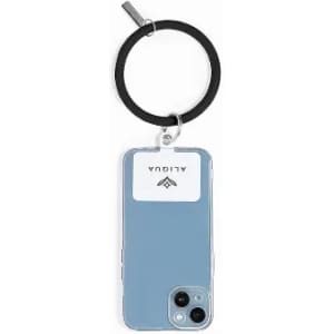 A phone case in light blue with a circular black keyring and a logo, designed for a phone model.