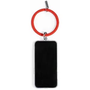 A keyring featuring a red circular loop and a sleek, black smartphone-shaped tag.