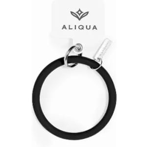 A black silicone keyring featuring a silver metal attachment and a branding tag.