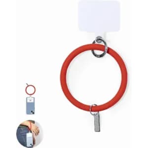 A red keyring with a metal clasp and a small tag, featuring an additional image of a phone attached.