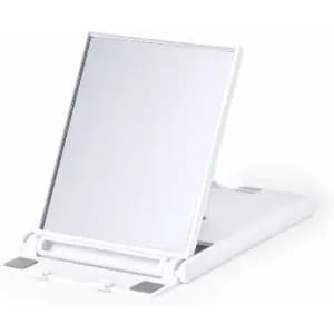 A white adjustable mirror with a stand, featuring a smooth reflective surface and a sleek design.