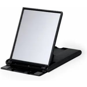 A black folding mirror with a stand, featuring a rectangular mirrored surface and a sleek design.