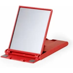A red foldable mirror with a rectangular reflective surface, featuring a sturdy base for stability.