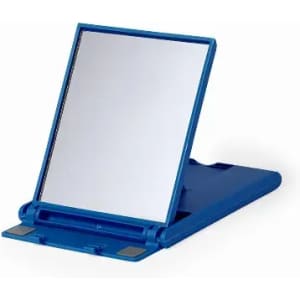 A blue foldable mirror with a rectangular reflective surface, featuring a sturdy base for support.