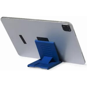 A tablet stand in blue, securely holding a silver tablet in an upright position, featuring a simple design.
