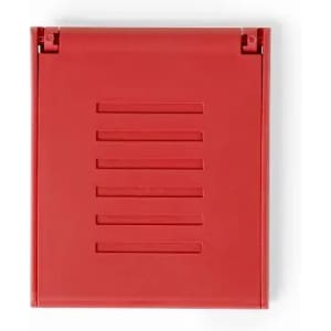A red promotional product with a textured surface and a hinged top. It features vertical lines and a simple design.