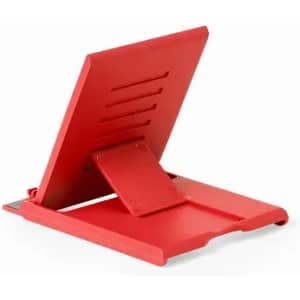 A red tablet stand with an adjustable back and slotted design for stability. It features a smooth surface and a modern look.