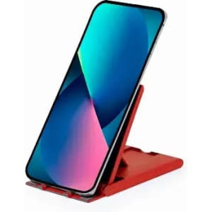 A phone stand in bright red holds a smartphone at an angle, showcasing its sleek design.