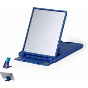 A blue foldable mirror stand with a reflective surface, designed for displaying a mobile device.