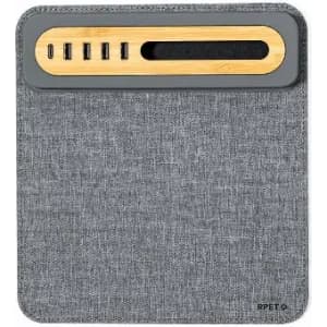 A grey laptop sleeve with a bamboo top section featuring slots for charging and organisation. Includes a logo.