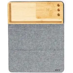 A stylish desk mat featuring a bamboo tray and a grey fabric surface, designed for organisation and aesthetics.