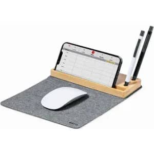 A desk organiser with a grey felt surface, wooden phone holder, mouse pad, and two pens.