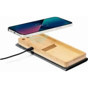 A wireless charger with a wooden surface and cable, designed for smartphones. The top portion displays a phone.