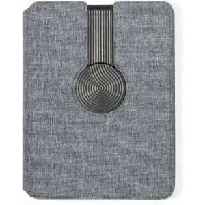 A tablet case in grey fabric with a textured circular design and a logo.