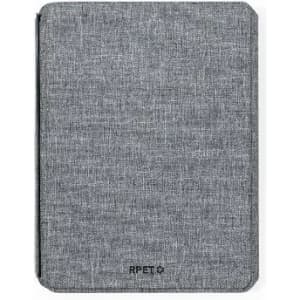 A grey notebook with a textured cover and a logo at the bottom. The design is minimal and sleek.