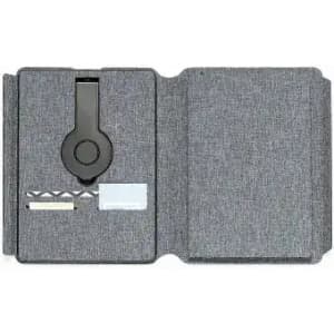 A grey promotional folder featuring a black clip and various card slots, ideal for organising documents.