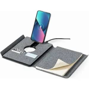 A grey notebook with a wireless phone charger, card slots, and a notepad inside. It features a logo.
