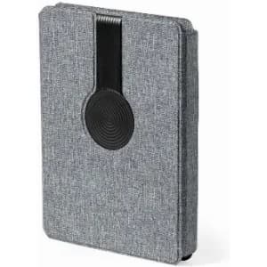 A grey promotional folder featuring a textured fabric finish and a black elastic band for closure.
