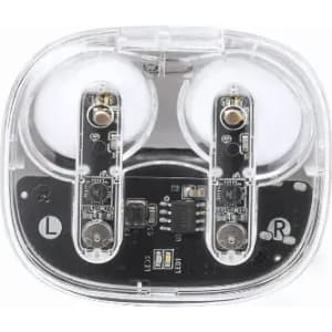 A clear electronic device featuring two white components and circuit board details, with a left and right designation.
