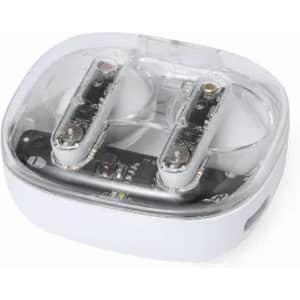 A white charging case featuring a transparent lid and two compartments for storing devices or accessories.