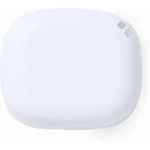 A white rectangular device with rounded edges and small indicator lights on one corner, featuring a logo.