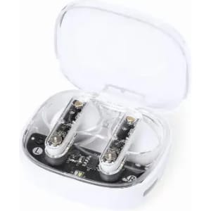 A transparent case containing two wireless earbuds with a black interior. The earbuds are white with metallic accents.