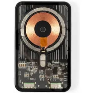 A black promotional wireless charging pad featuring a central copper coil and a circuit board layout.