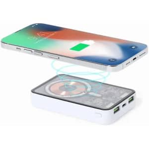 A wireless charger with a white casing, featuring multiple ports, beside a smartphone displaying a charging indicator.