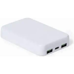 A portable charger in white colour, featuring two USB ports and one USB-C port. Compact design with rounded edges.