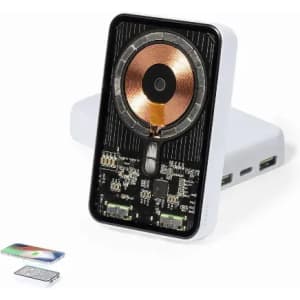 A wireless charger with a sleek black and white design, revealing internal circuitry and a copper coil, alongside a SIM card.