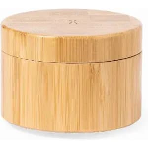 A round bamboo container with a smooth finish and a circular lid. The container is light brown in colour.
