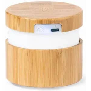 A drink bottle with a bamboo exterior and a white interior, featuring a small power button on the side.