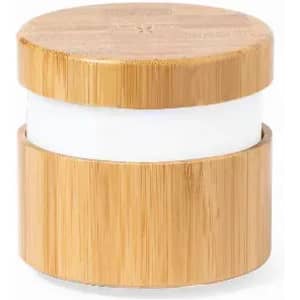 A bamboo container with a smooth white interior. The lid and base are made from natural bamboo.