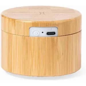 A bamboo drink bottle with a rounded lid, featuring a power button and USB-C port on the side.