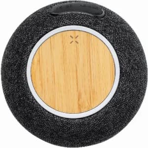 A round speaker with a black fabric exterior and a circular bamboo panel on top, featuring buttons.