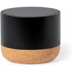 A round container in black with a textured top and a cork base. It features a logo on the surface.