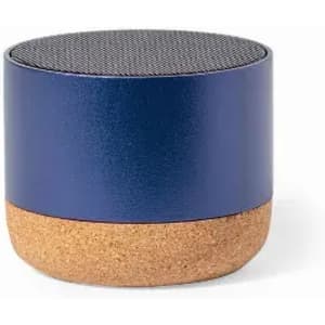 A speaker with a navy blue metallic top and a cork base, featuring a mesh speaker grille.