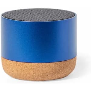 A blue drink bottle with a cork base and a textured top. It has a logo on the side.