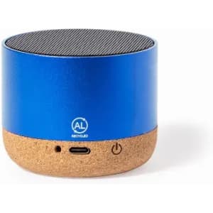 A blue Bluetooth speaker with a cork base, featuring a textured top and a charging port. It has a logo on the front.