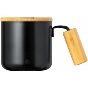 A drink bottle featuring a black body with a bamboo lid and a wooden handle, showcasing a sleek design.