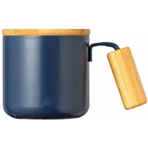 A drink bottle in navy blue with a wooden lid and handle, featuring a sleek and modern design.