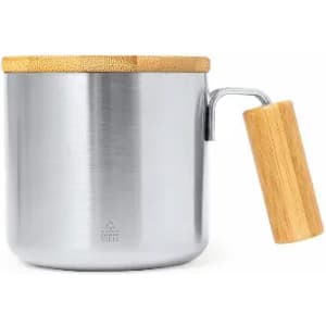 A stainless steel container with a bamboo lid and a wooden handle. It has a sleek, modern design.