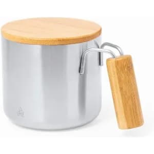 A stainless steel container with a bamboo lid and a wooden handle. It features a sleek, modern design.