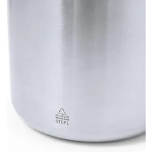 A drink bottle made of recycled stainless steel with a sleek silver finish and a logo at the base.