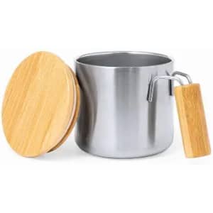 A stainless steel container with a bamboo lid and handle. The lid is round and wooden, complementing the sleek design.