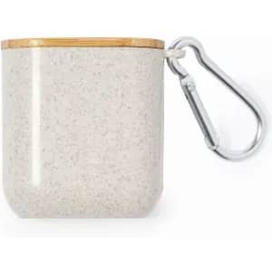 A drink bottle in a light grey finish with a bamboo lid and a silver carabiner attached.